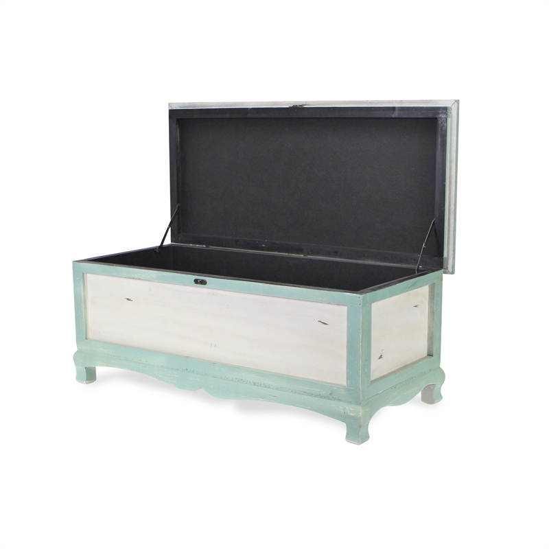 Nella Shabby-Chic Seafoam Green Cushioned Wood Bench Chest With Storage