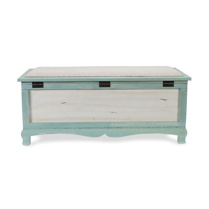 Nella Shabby-Chic Seafoam Green Cushioned Wood Bench Chest With Storage