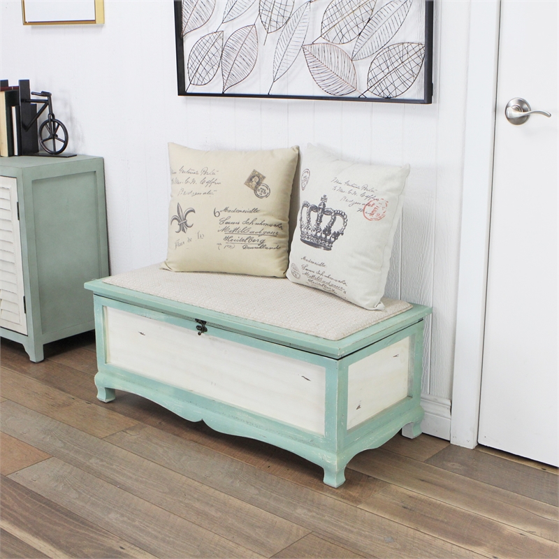 Nella Shabby-Chic Seafoam Green Cushioned Wood Bench Chest With Storage