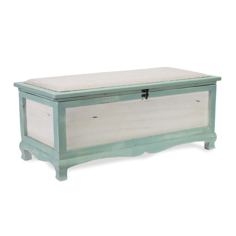 Nella Shabby-Chic Seafoam Green Cushioned Wood Bench Chest With Storage