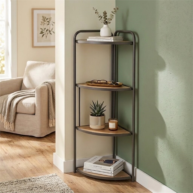 Lefeld 4 Tier Foldable Wood & Metal Frame Corner Shelf