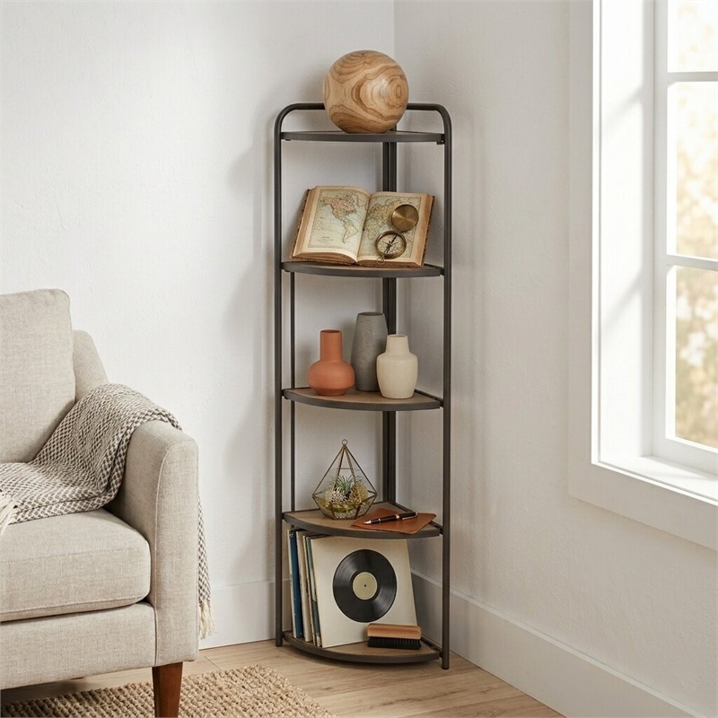 Lefeld 5 Tier Foldable Wood & Metal Frame Corner Shelf
