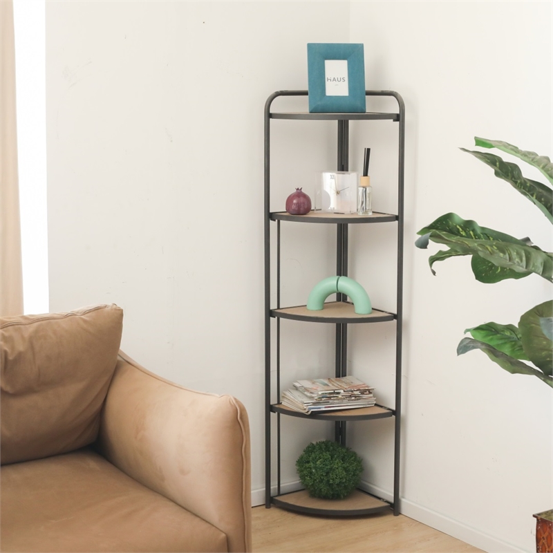Lefeld 5 Tier Foldable Wood & Metal Frame Corner Shelf