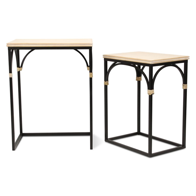 Claudette Set of 2 Rattan Accented Wood & Metal Rectangle Side Tables