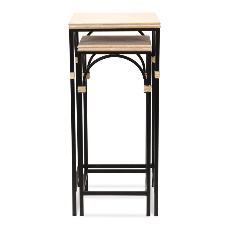 Claudette Set of 2 Rattan Accented Wood & Metal Square Side Tables