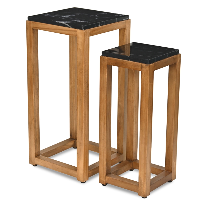 Virael Set of 2 Black Marble Topped Wood Tables