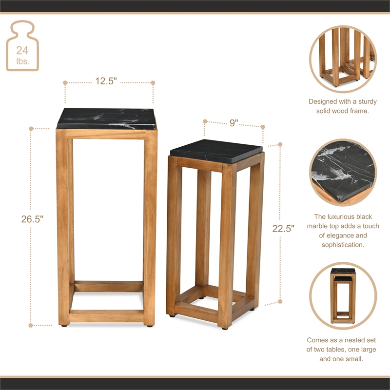 Virael Set of 2 Black Marble Topped Wood Tables