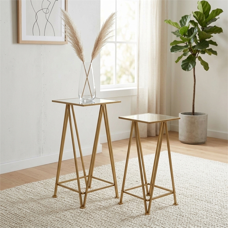 Aeriva Set of 2 Square Metal Modern Tables - Mirror Top - Gold