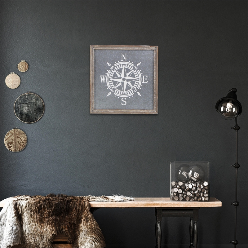 Cowa Painted Compass on Galvanized Backdrop Wall Decor