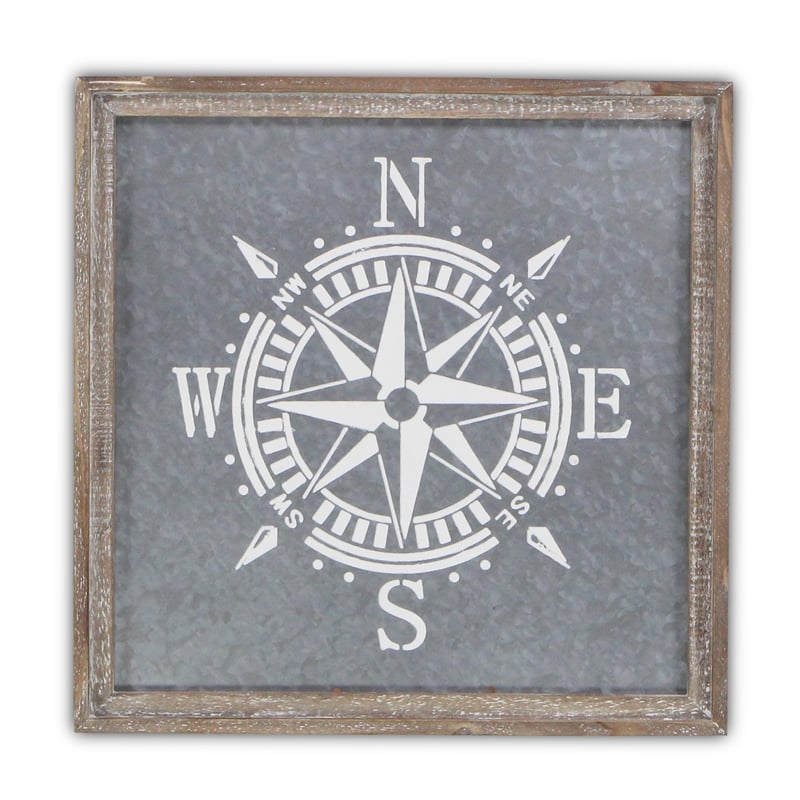 Cowa Painted Compass on Galvanized Backdrop Wall Decor