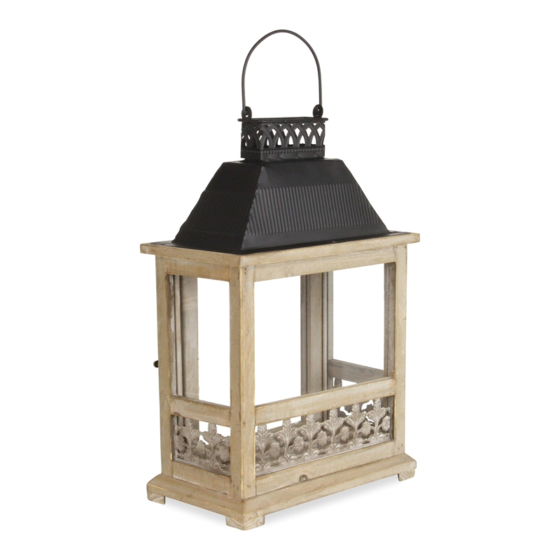 Myron Rectangular Wooden Lantern with Black Metal Top and Galvanized Accent