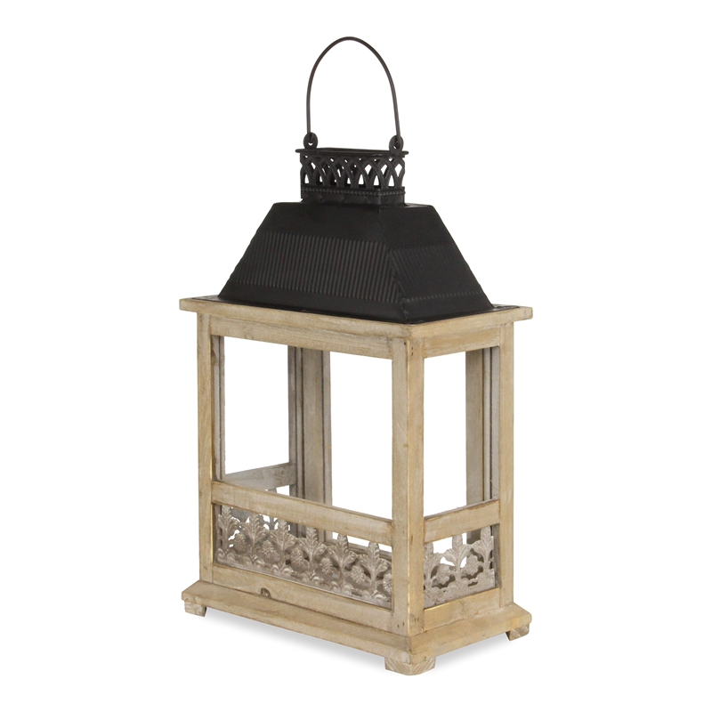 Myron Rectangular Wooden Lantern with Black Metal Top and Galvanized Accent