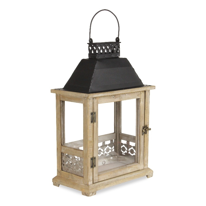 Myron Rectangular Wooden Lantern with Black Metal Top and Galvanized Accent
