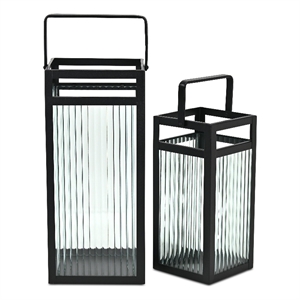 Drusilla Set of 2 Fluted Glass Lanterns - 16&quot and 12.25&quot - Black