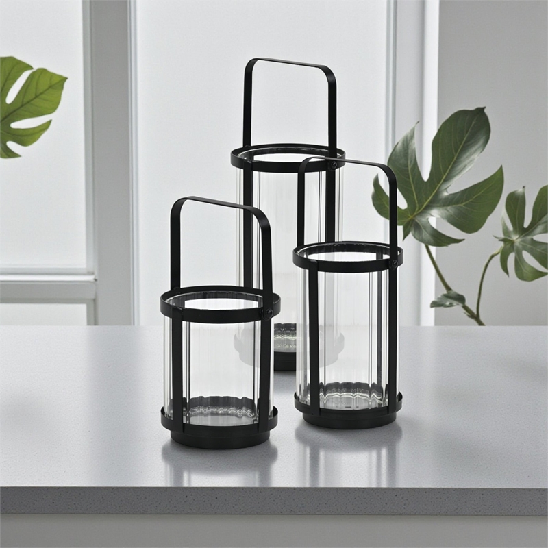 Vortial Fluted Glass Candle Lantern with Black Metal Frame - Large