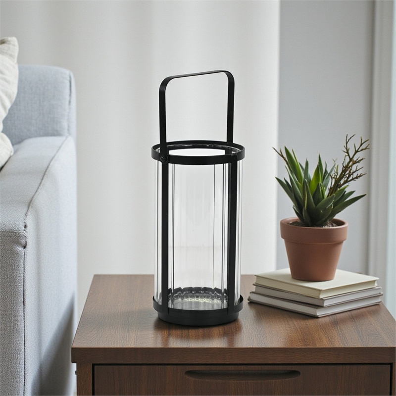 Vortial Fluted Glass Candle Lantern with Black Metal Frame - Large