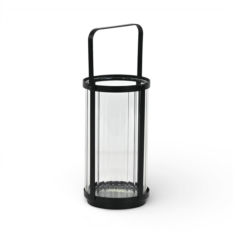Vortial Fluted Glass Candle Lantern with Black Metal Frame - Large