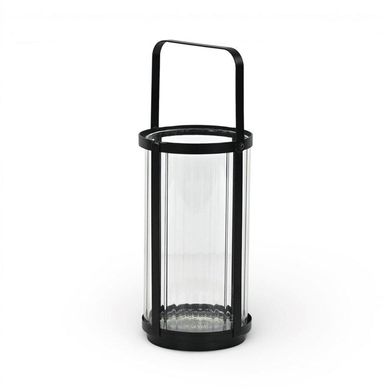 Vortial Fluted Glass Candle Lantern with Black Metal Frame - Large