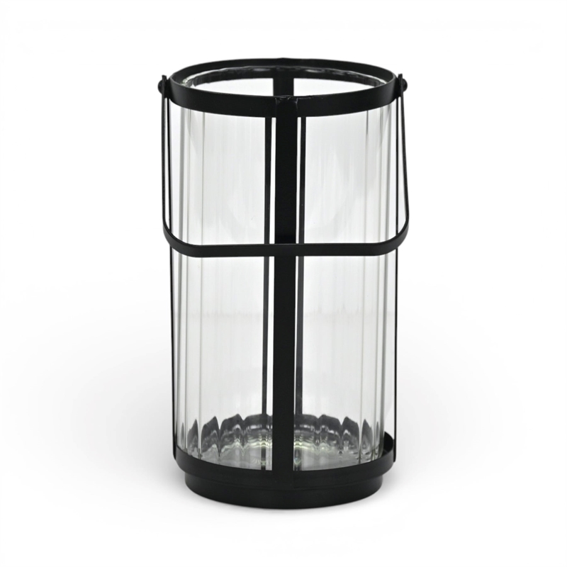 Vortial Fluted Glass Candle Lantern with Black Metal Frame - Large