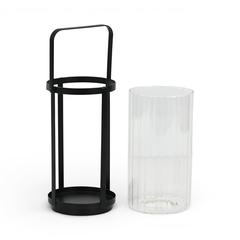Vortial Fluted Glass Candle Lantern with Black Metal Frame - Large