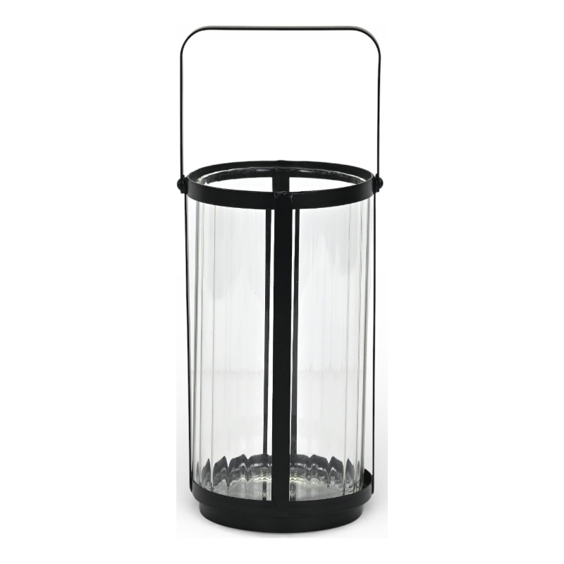 Vortial Fluted Glass Candle Lantern with Black Metal Frame - Large