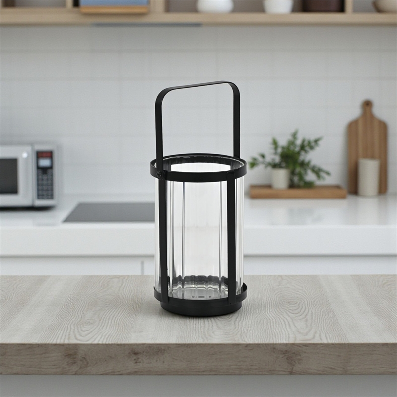 Vortial Fluted Glass Candle Lantern with Black Metal Frame - Medium