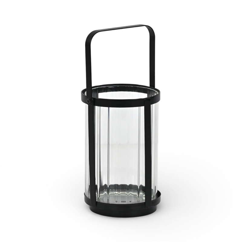 Vortial Fluted Glass Candle Lantern with Black Metal Frame - Medium