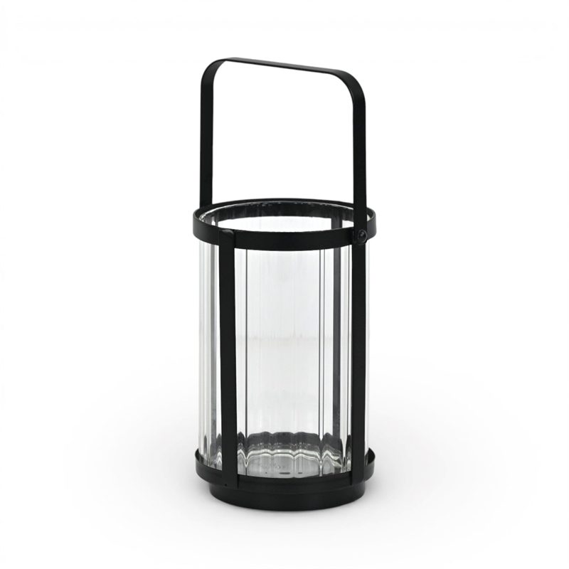 Vortial Fluted Glass Candle Lantern with Black Metal Frame - Medium