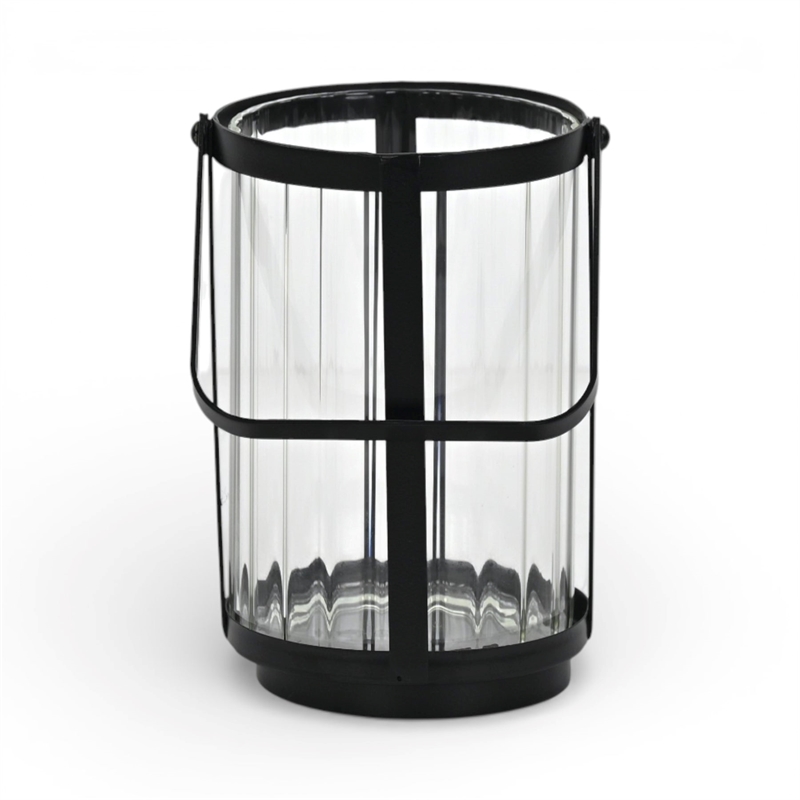 Vortial Fluted Glass Candle Lantern with Black Metal Frame - Medium