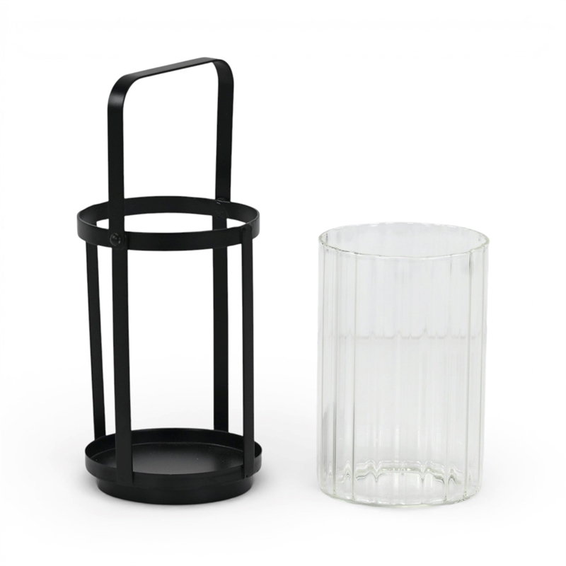 Vortial Fluted Glass Candle Lantern with Black Metal Frame - Medium