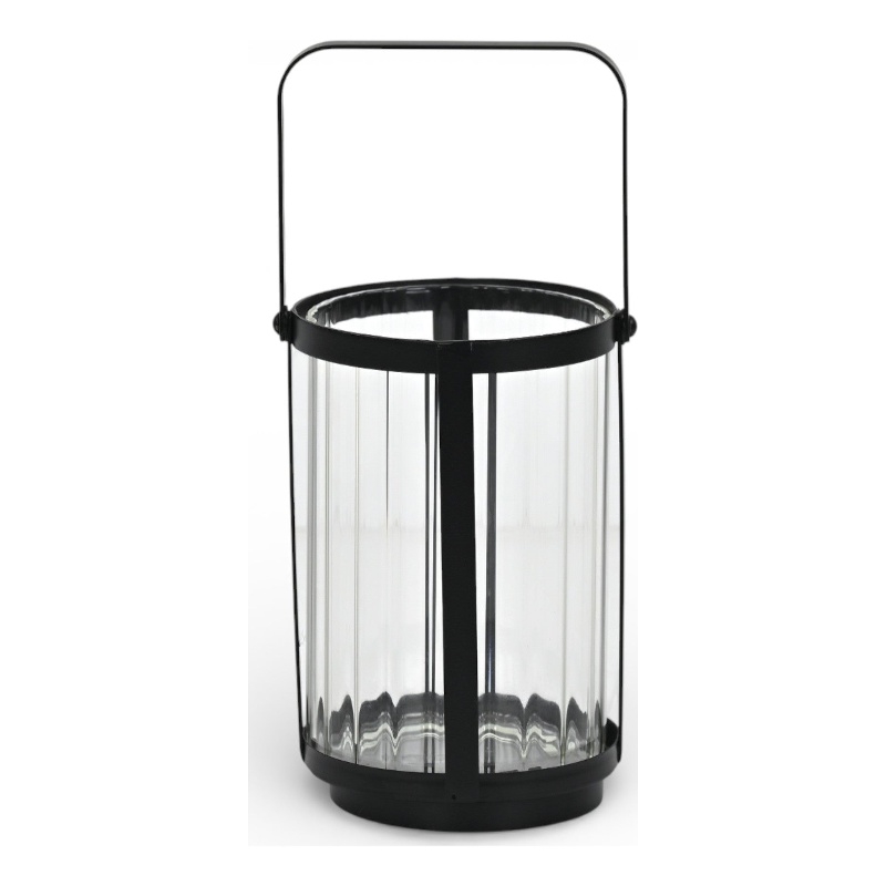 Vortial Fluted Glass Candle Lantern with Black Metal Frame - Medium