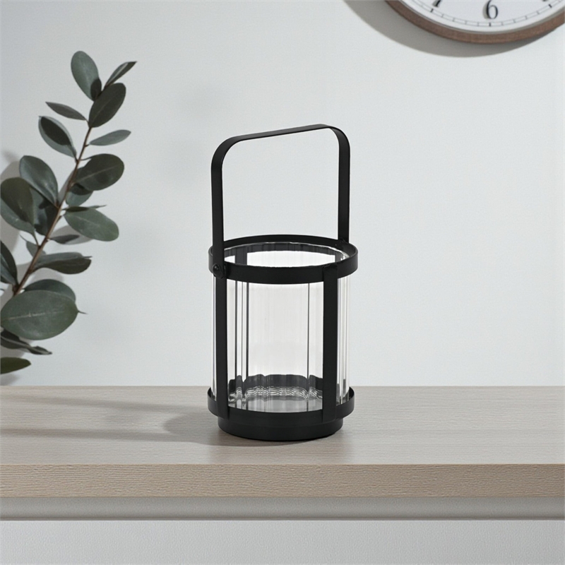 Vortial Fluted Glass Candle Lantern with Black Metal Frame - Small