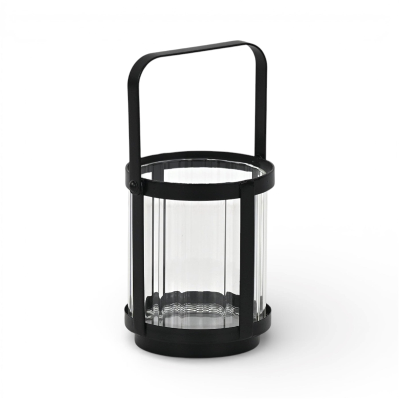 Vortial Fluted Glass Candle Lantern with Black Metal Frame - Small