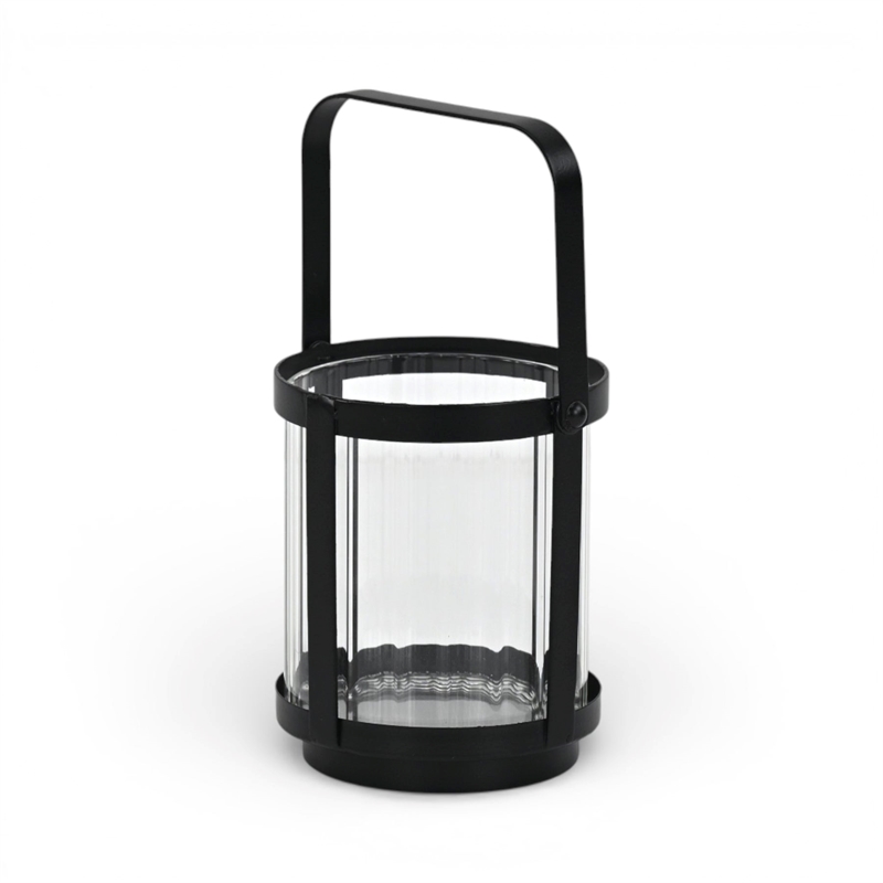 Vortial Fluted Glass Candle Lantern with Black Metal Frame - Small