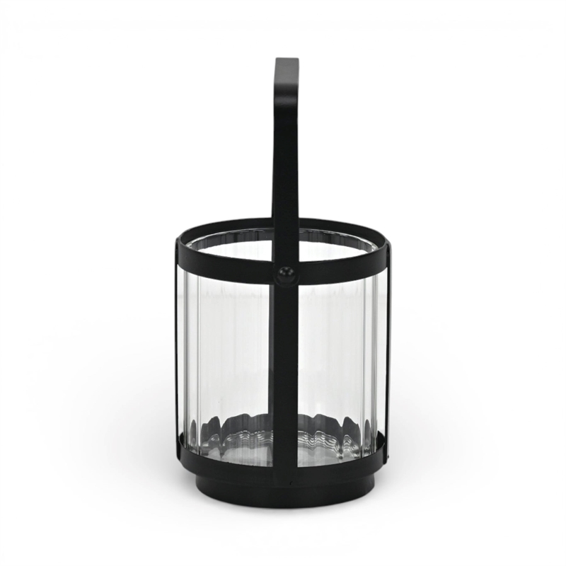 Vortial Fluted Glass Candle Lantern with Black Metal Frame - Small