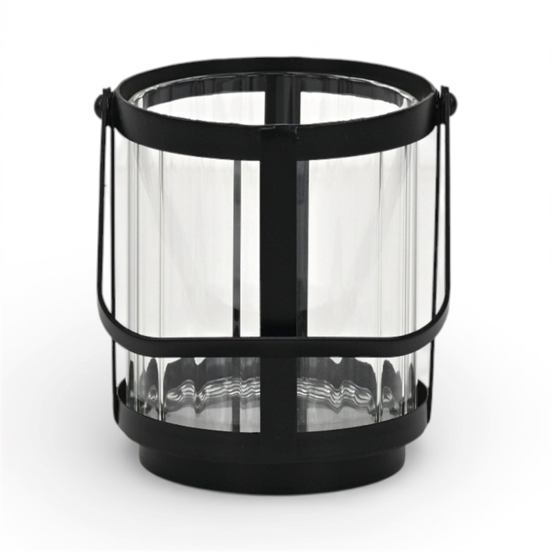 Vortial Fluted Glass Candle Lantern with Black Metal Frame - Small