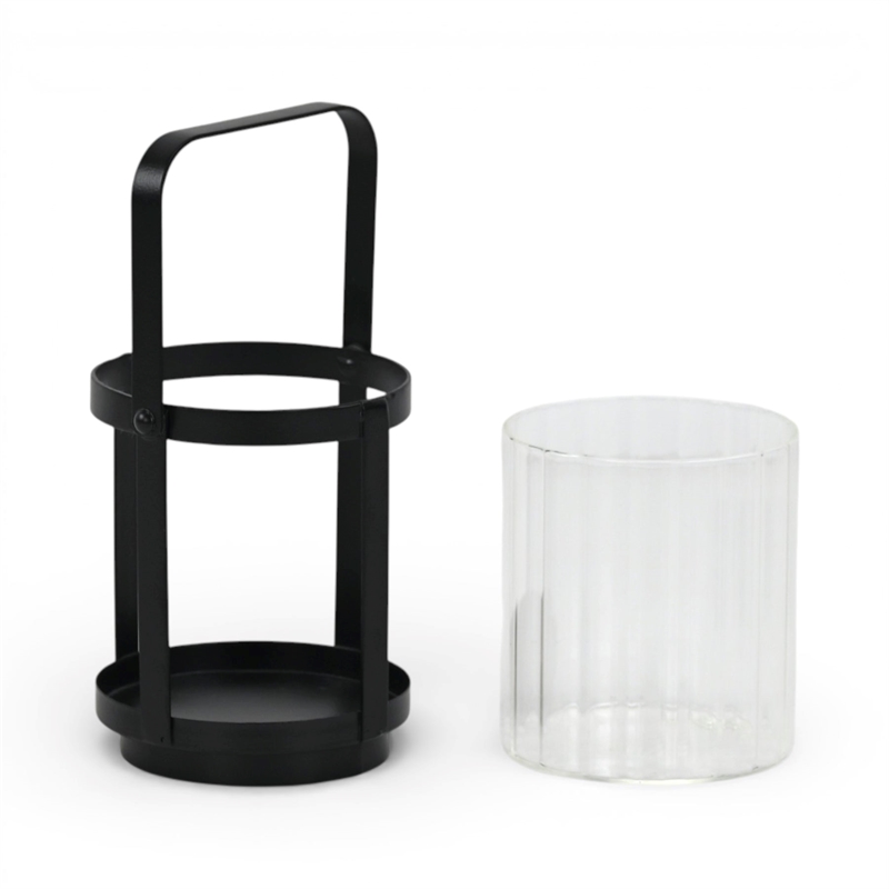 Vortial Fluted Glass Candle Lantern with Black Metal Frame - Small