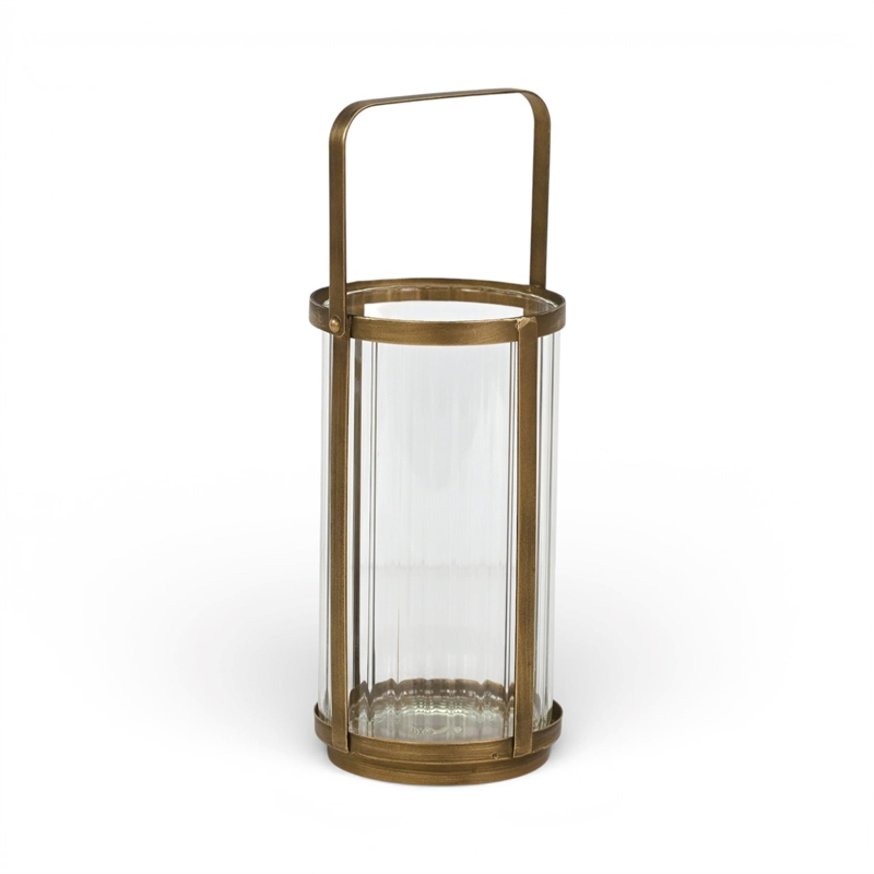 Vortial Fluted Glass Candle Lantern with Gold Metal Frame - Large