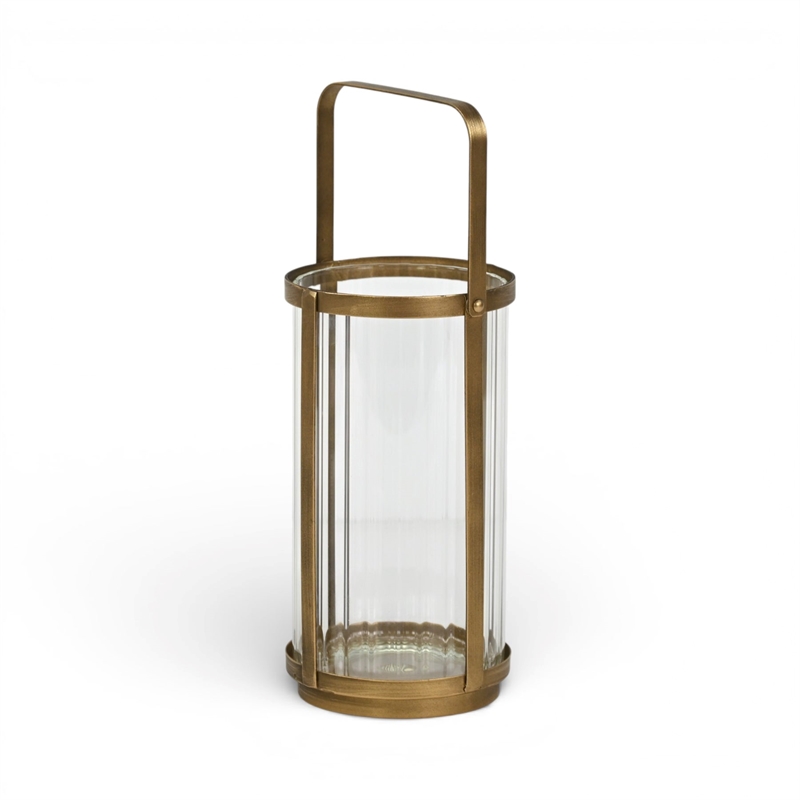 Vortial Fluted Glass Candle Lantern with Gold Metal Frame - Large