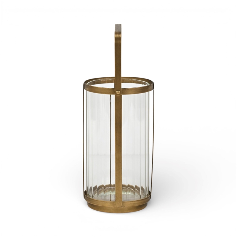 Vortial Fluted Glass Candle Lantern with Gold Metal Frame - Large