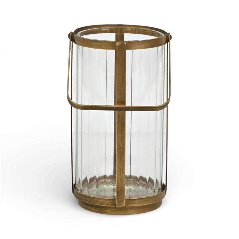 Vortial Fluted Glass Candle Lantern with Gold Metal Frame - Large