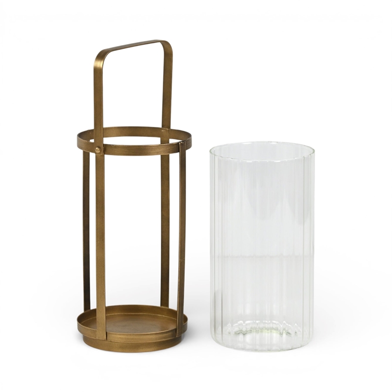 Vortial Fluted Glass Candle Lantern with Gold Metal Frame - Large