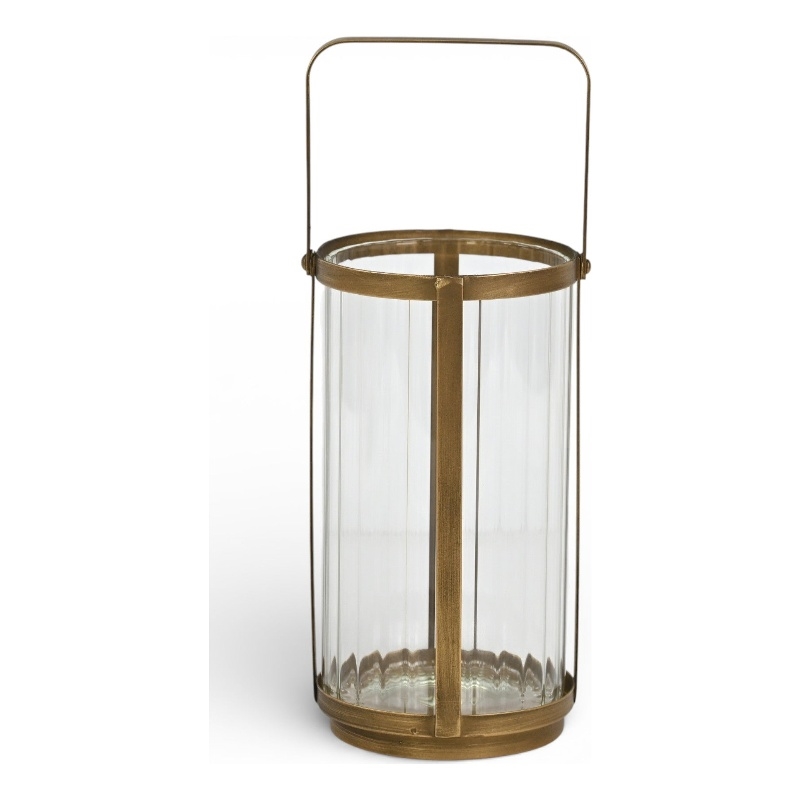 Vortial Fluted Glass Candle Lantern with Gold Metal Frame - Large