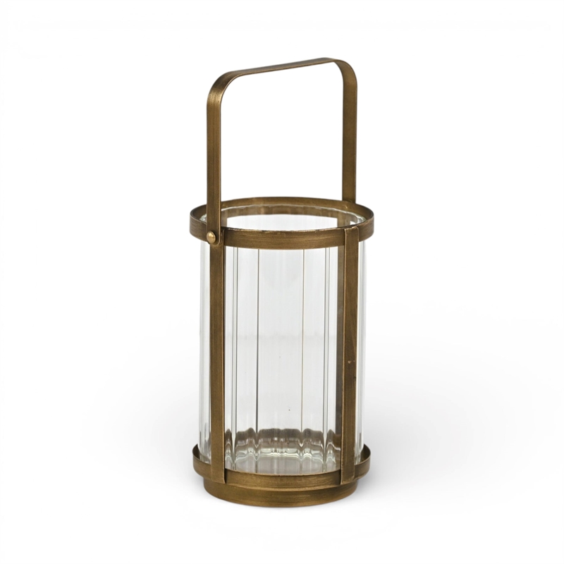 Vortial Fluted Glass Candle Lantern with Gold Metal Frame - Medium