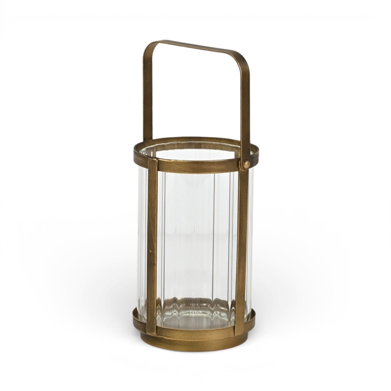 Vortial Fluted Glass Candle Lantern with Gold Metal Frame - Medium