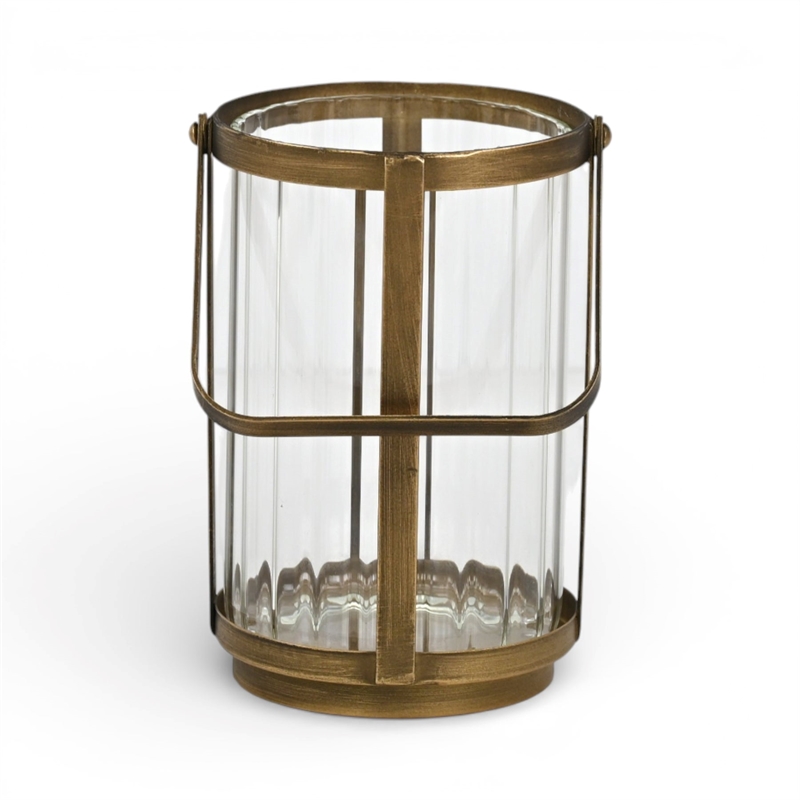 Vortial Fluted Glass Candle Lantern with Gold Metal Frame - Medium