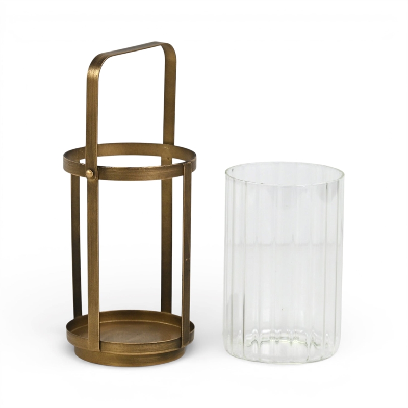 Vortial Fluted Glass Candle Lantern with Gold Metal Frame - Medium