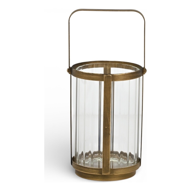 Vortial Fluted Glass Candle Lantern with Gold Metal Frame - Medium