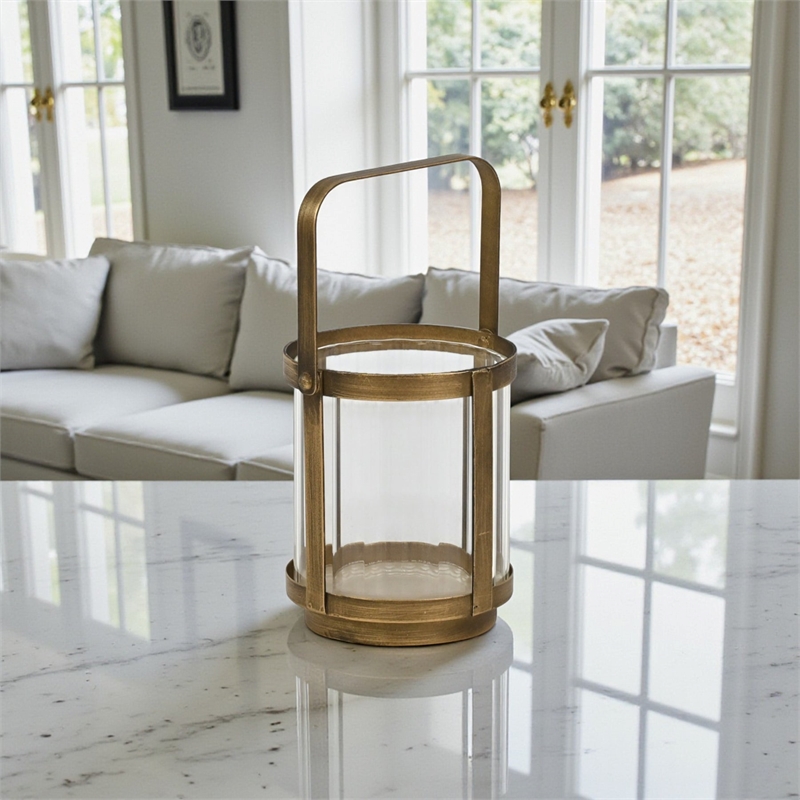 Vortial Fluted Glass Candle Lantern with Gold Metal Frame - Small