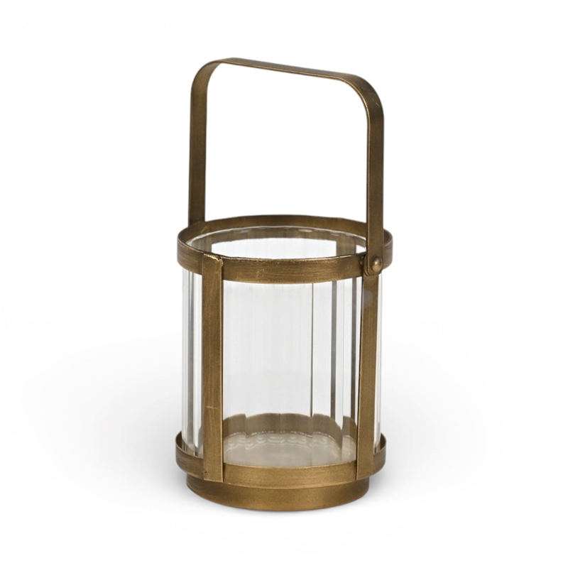 Vortial Fluted Glass Candle Lantern with Gold Metal Frame - Small